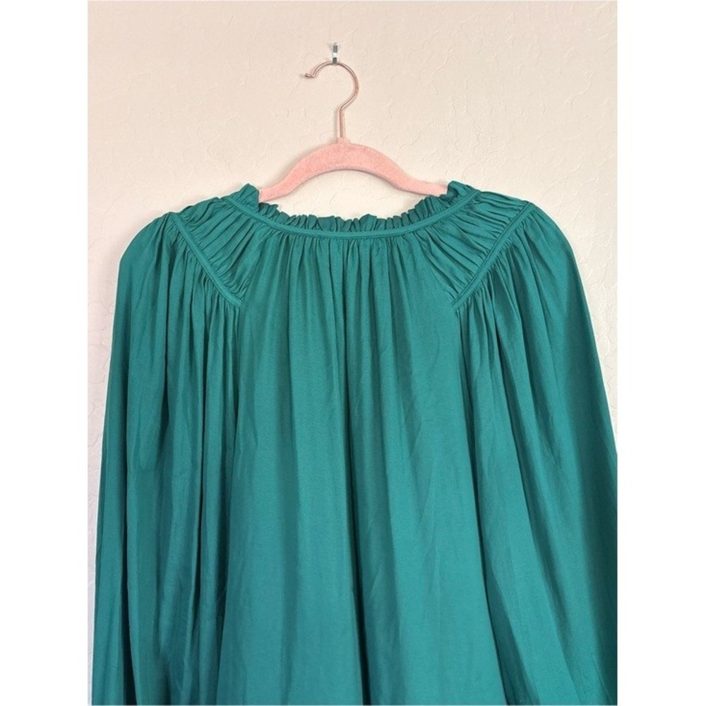 LOFT Peasant Blouse Women Large Green Excellent Smocked Tie Neck Long Sleeve - Picture 6 of 6